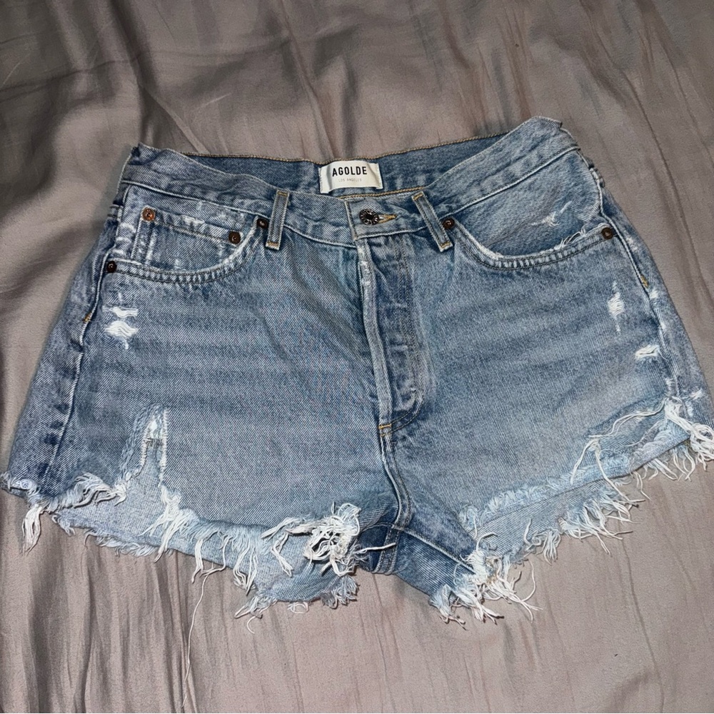 Agolde Blue Distressed Jean Shorts High-Waisted